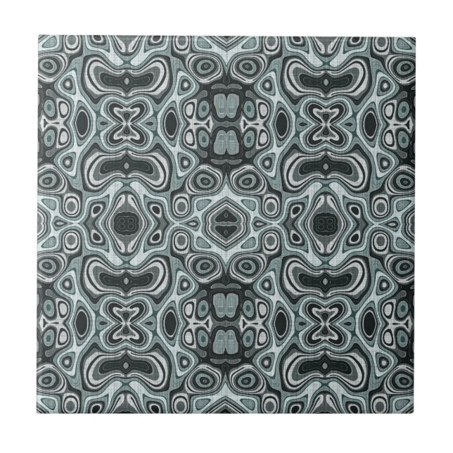 Dark Teal Blue Seafoam Green Grey Ethnic Tribe Art Tile (Front)