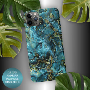 Dark Teal Blue Turquoise Faux Gold Agate Pattern iPhone 15 Pro Max Case