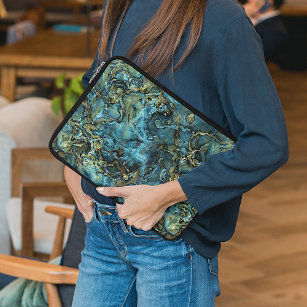 Dark Teal Blue Turquoise Faux Gold Agate Pattern Laptop Sleeve