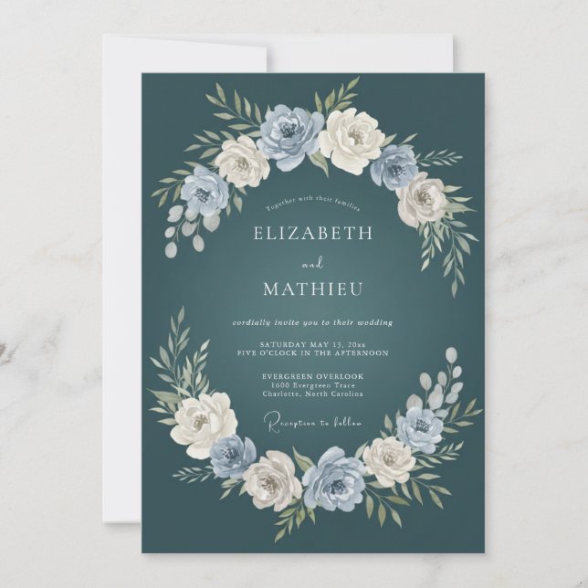 Dark Teal Botanical Floral Wedding Invitation (Front)