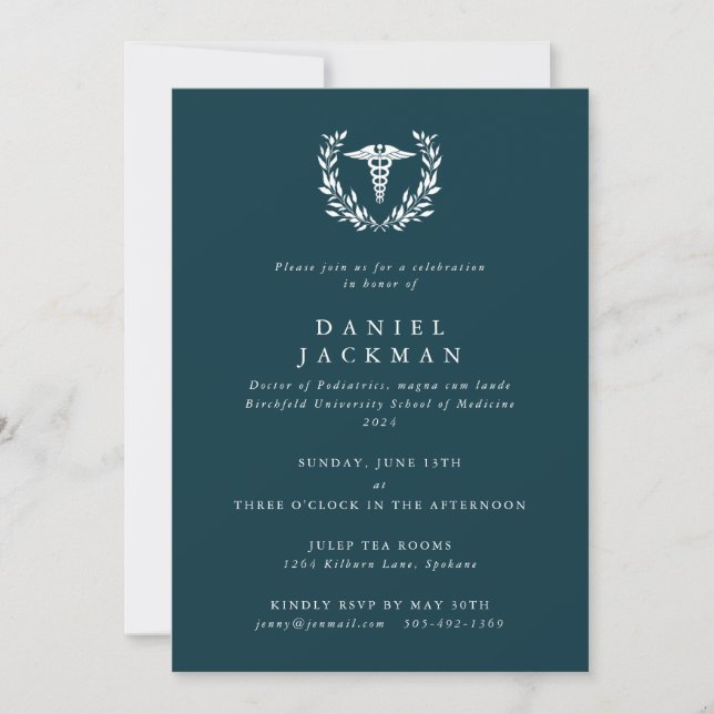 Dark Teal Caduceus Medical School Graduation Invitation (Front)