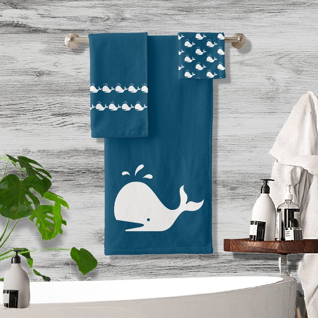 Dark Teal Cartoon Whale Nautical Costal Bath Towel Set (Creator Uploaded)