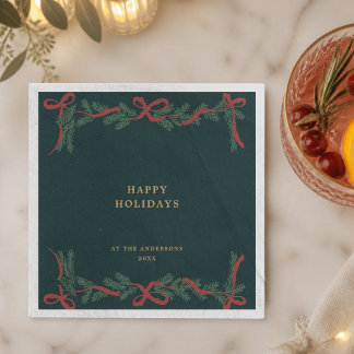 Dark Teal Christmas Wreath Holiday Cocktail Napkin