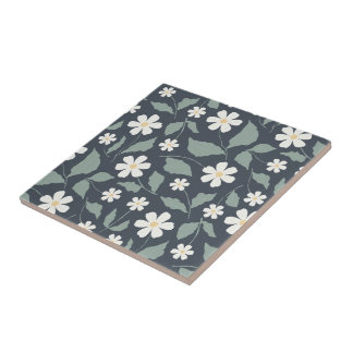 Dark Teal Daisy Folk Art Muted Sage Vintage Tile