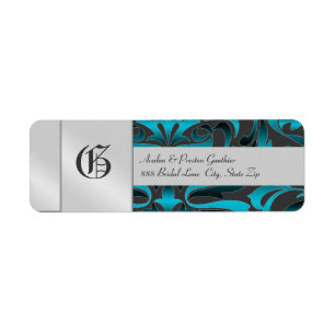 Dark Teal Damask Monogram Silver Wedding Label