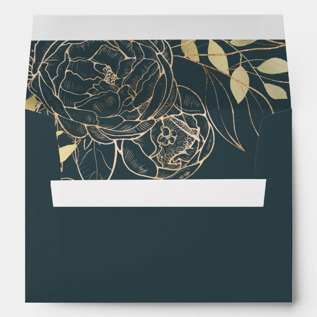 Dark Teal & Faux Gold Peony Modern Floral Wedding Envelope (Back (Bottom))