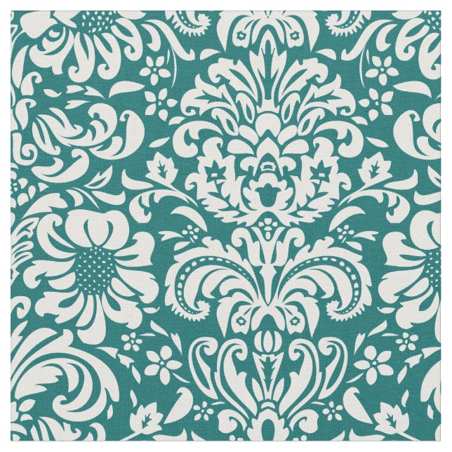 Dark Teal Floral Damask Fabric (Close Up)