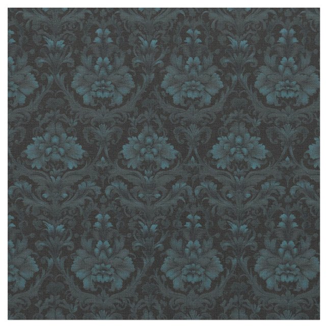 Dark Teal Floral Damask on Black Fabric (Close Up)