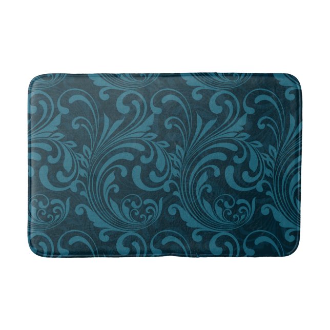 Dark teal floral damask pattern bath mat (Front)