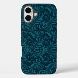 Dark teal floral damask pattern iPhone 16 plus case