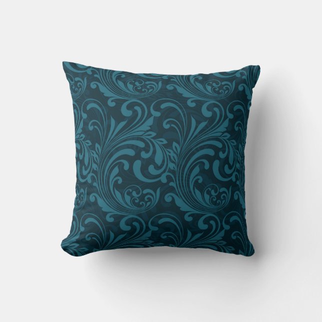 Dark teal floral damask pattern cushion (Front)