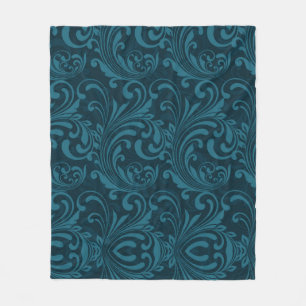 Dark teal floral damask pattern fleece blanket
