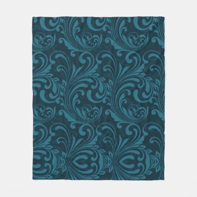 Dark teal floral damask pattern fleece blanket (Front)