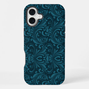 Dark teal floral damask pattern iPhone 16 plus case