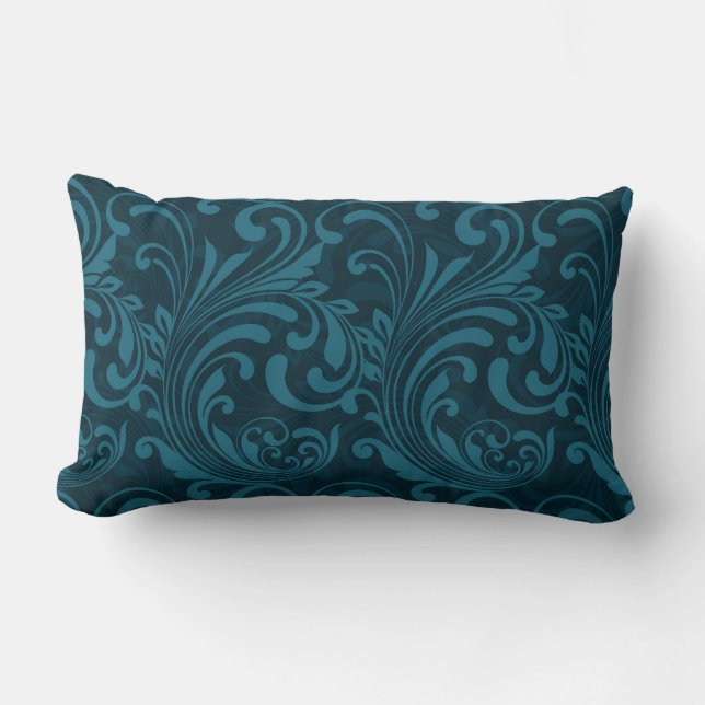 Dark teal floral damask pattern lumbar cushion (Front)