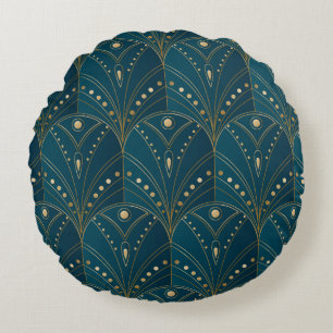 Dark teal floral damask pattern round cushion
