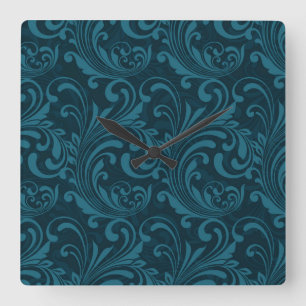 Dark teal floral damask pattern square wall clock