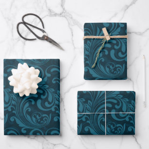 Dark teal floral damask pattern wrapping paper sheet
