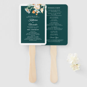 Dark Teal Floral Elegant Script Wedding Program Hand Fan
