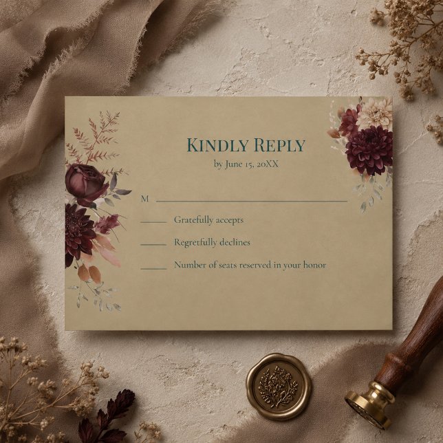 Dark Teal Floral Gothic RSVP Card (Dark Teal Floral Gothic RSVP Card)