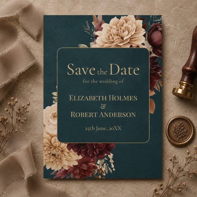 Dark Teal Floral Gothic Save the Date Invitation (Dark Teal Floral Gothic Save the Date Invitation)