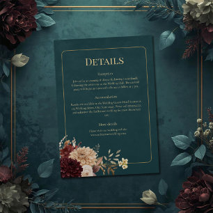 Dark Teal Floral Gothic Wedding Details Card