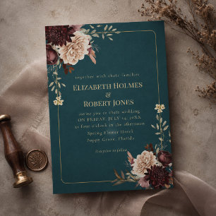 Dark Teal Floral Gothic Wedding Invitation