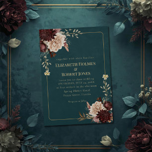 Dark Teal Floral Gothic Wedding Invitation