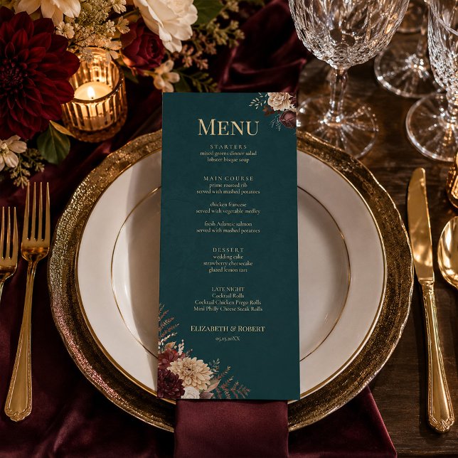 Dark Teal Floral Gothic Wedding Menu (Dark Teal Floral Gothic Wedding Menu)