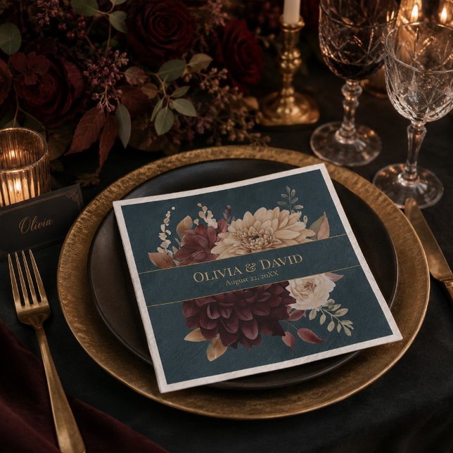 Dark Teal Floral Gothic Wedding Napkins (Dark Teal Floral Gothic Wedding Napkins)
