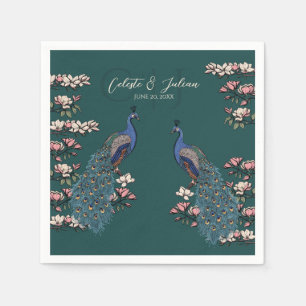 Dark Teal Floral Peacock Wedding Napkin