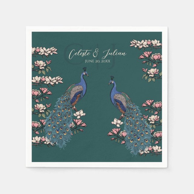 Dark Teal Floral Peacock Wedding Napkin (Front)