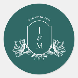 Dark Teal Floral Wedding Monogram Crest Clas Classic Round Sticker