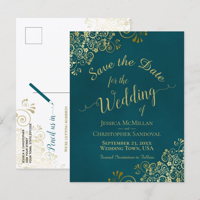 Dark Teal & Gold Calligraphy Wedding Save the Date Announcement Postcard (Front/Back)