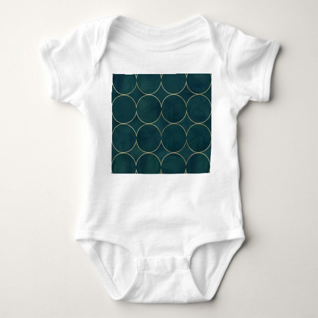 Dark Teal, Gold Circles Watercolor. Baby Bodysuit (Front)