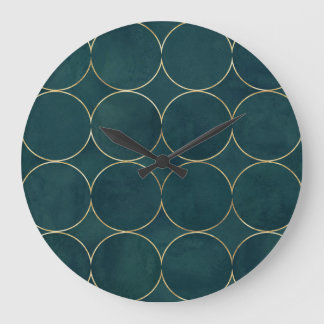 Dark Teal, Gold Circles Watercolor. Large Clock