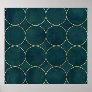 Dark Teal, Gold Circles Watercolor. Poster
