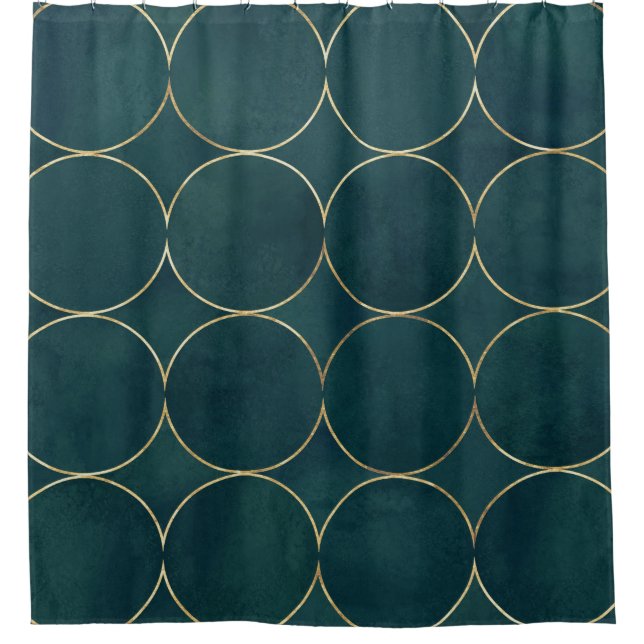 Dark Teal, Gold Circles Watercolor. Shower Curtain (Front)