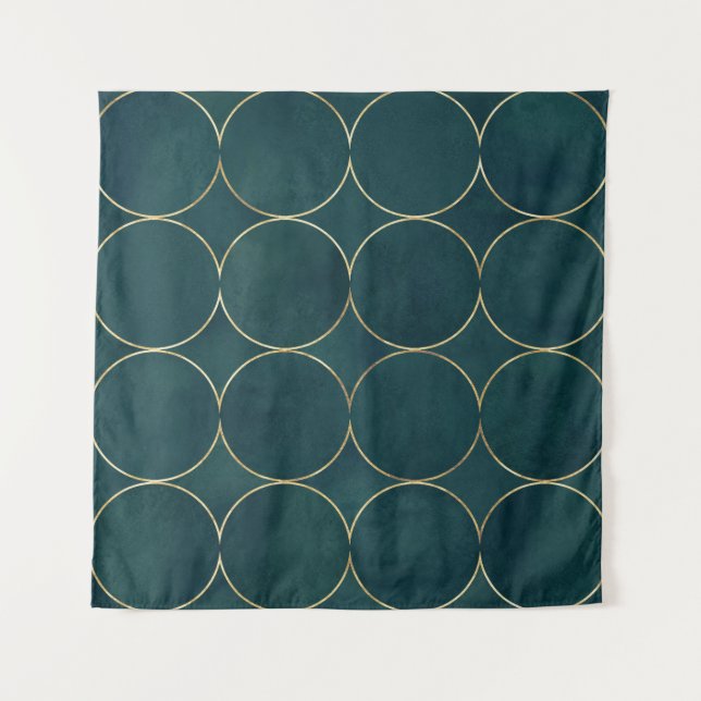 Dark Teal, Gold Circles Watercolor. Tapestry (Front)