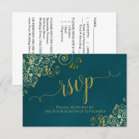 Dark Teal & Gold Elegant Lacy Calligraphy Wedding