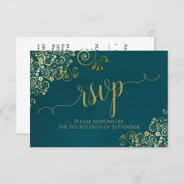 Dark Teal & Gold Elegant Lacy Calligraphy Wedding RSVP Card (Front/Back)