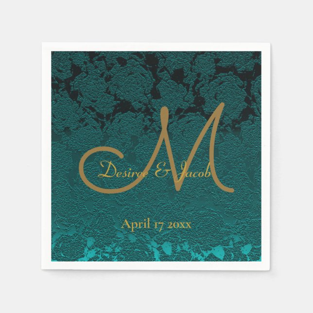 Dark Teal Gold Floral Fall Wedding Monogram Napkin (Front)