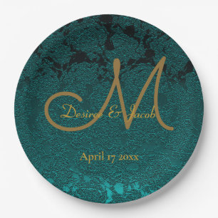 Dark Teal Gold Floral Fall Wedding Monogram Paper Plate