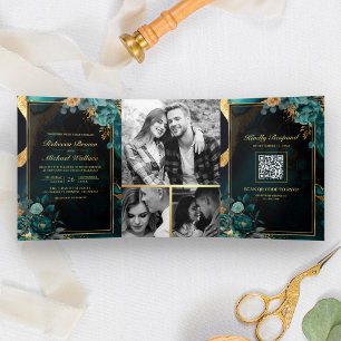 Dark Teal Gold Floral Marble QR Code Wedding Tri-Fold Invitation