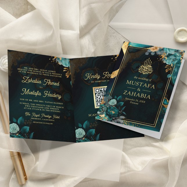 Dark Teal Gold Floral QR Code Muslim Wedding Invitation (Creator Uploaded)