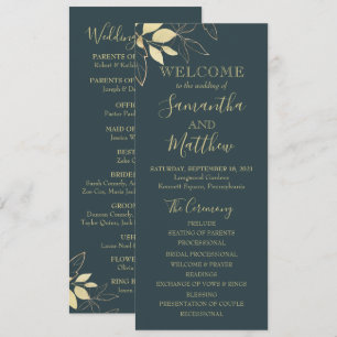 Dark Teal & Gold Foliage Botanical Wedding Programme