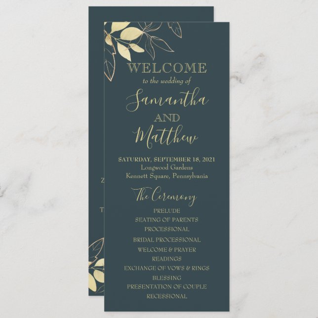 Dark Teal & Gold Foliage Botanical Wedding Programme (Front/Back)