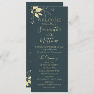 Dark Teal & Gold Foliage Botanical Wedding Programme