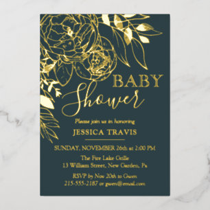 Dark Teal & Gold Modern Floral Baby Shower