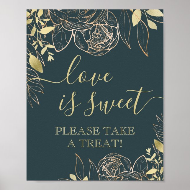 Dark Teal & Gold Modern Floral Favour Table Poster (Front)